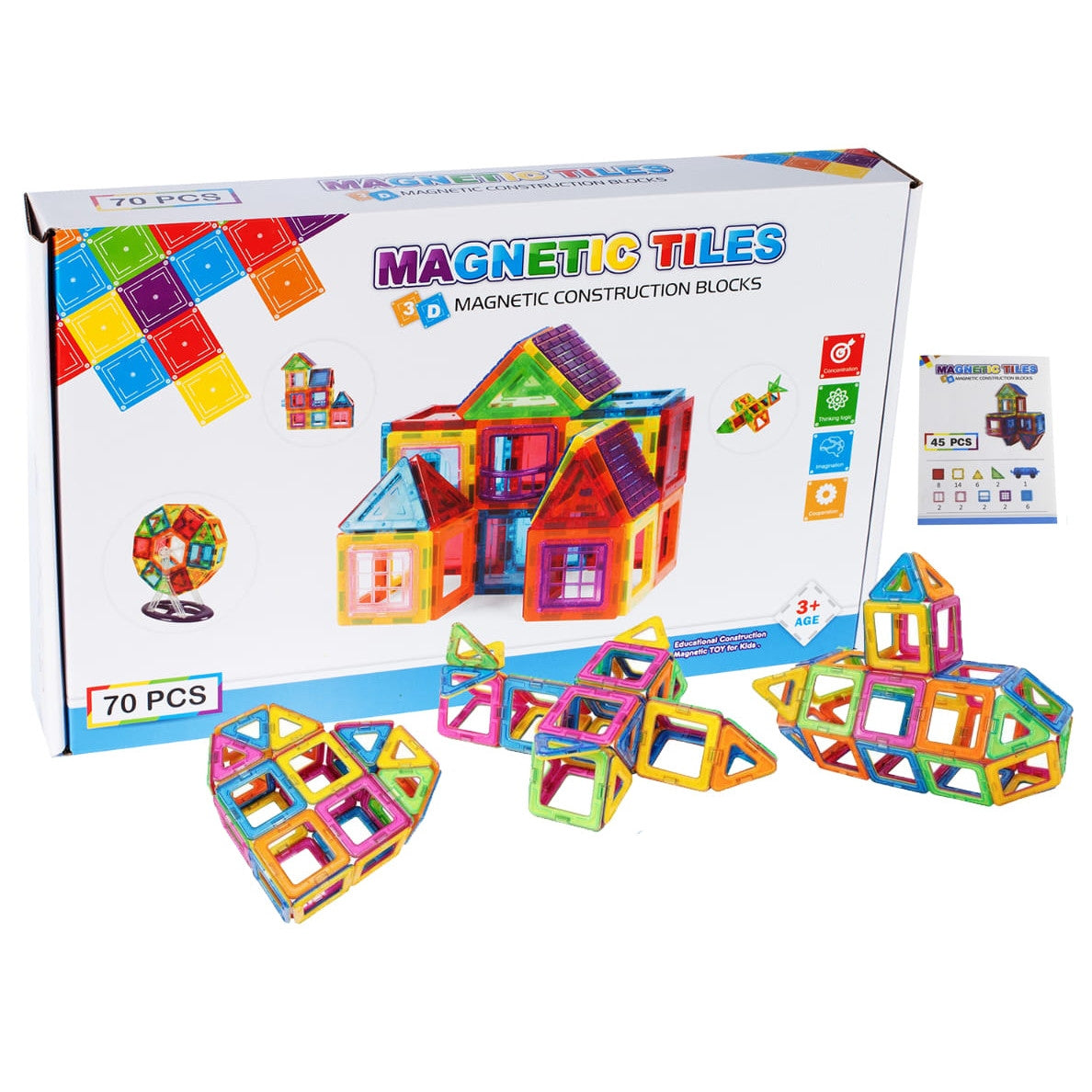 Set Inteligent de Constructie Magnetic IdealSTORE The World of Blocks 3D, dezvolta imaginatia si abilitatile mortice, numeroase posibilitati de construit, Educativ-Creativ, jucarie STEM, include 70 de piese multicolore