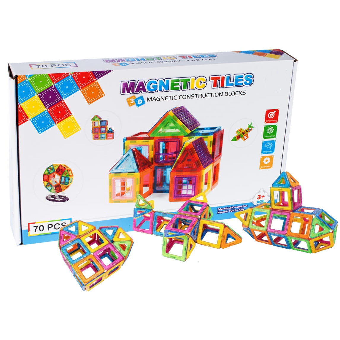 Set Inteligent de Constructie Magnetic IdealSTORE The World of Blocks 3D, dezvolta imaginatia si abilitatile mortice, numeroase posibilitati de construit, Educativ-Creativ, jucarie STEM, include 70 de piese multicolore