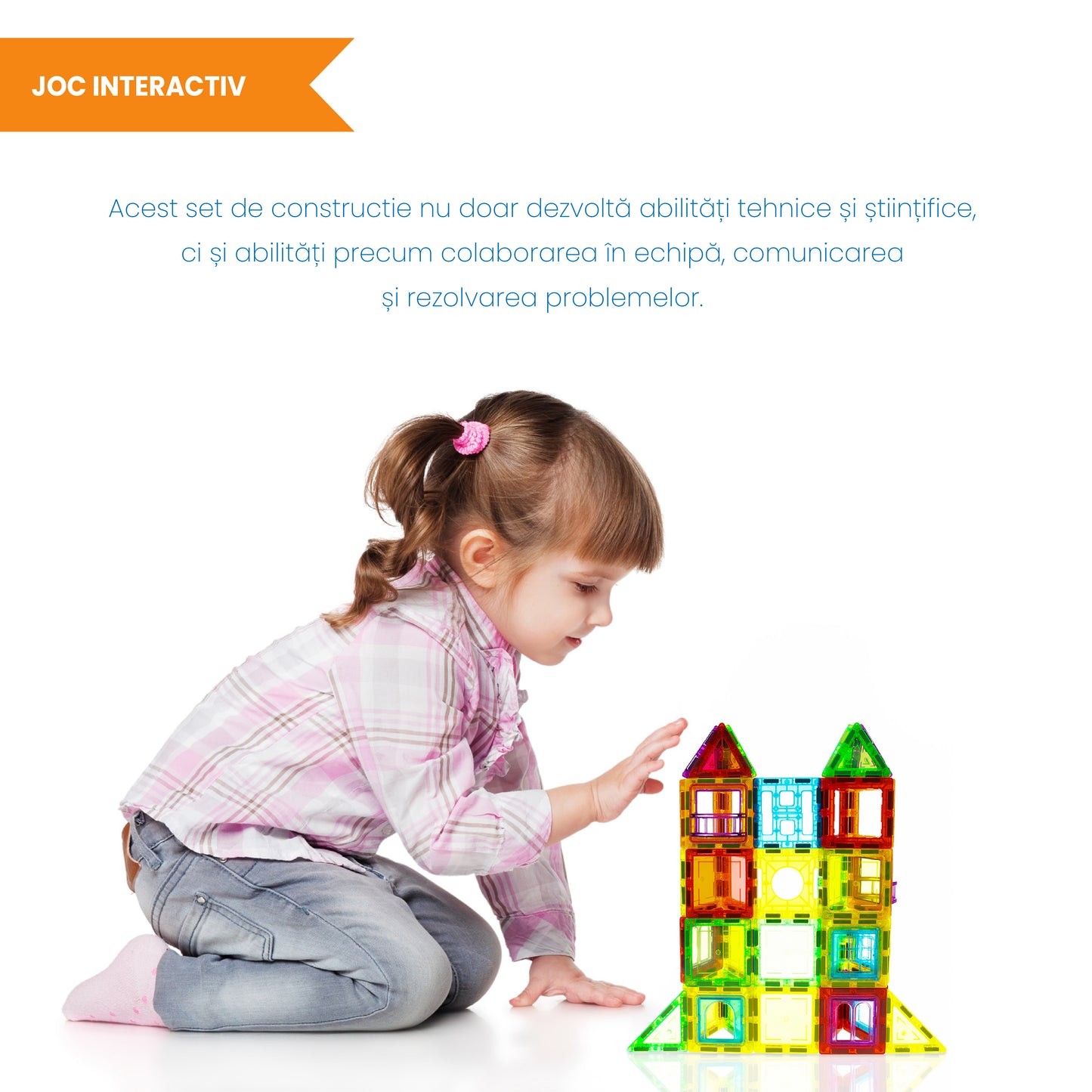 Set Inteligent de Constructie Magnetic IdealSTORE The World of Blocks 3D, dezvolta imaginatia si abilitatile mortice, numeroase posibilitati de construit, Educativ-Creativ, jucarie STEM, include 70 de piese multicolore