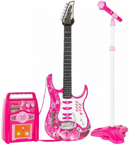 Chitara cu Amplificator si Microfon idealstore rock party pink Echipata cu 6 corzi metalice, Control volum, Sustine propriul concert insotit de lumini intermitente