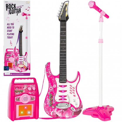 Chitara cu Amplificator si Microfon idealstore rock party pink Echipata cu 6 corzi metalice, Control volum, Sustine propriul concert insotit de lumini intermitente
