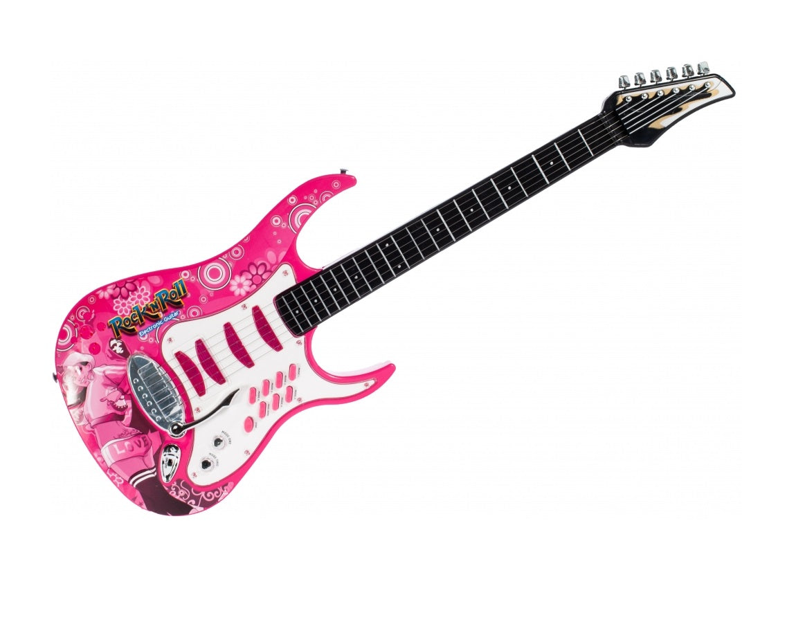 Chitara cu Amplificator si Microfon idealstore rock party pink Echipata cu 6 corzi metalice, Control volum, Sustine propriul concert insotit de lumini intermitente