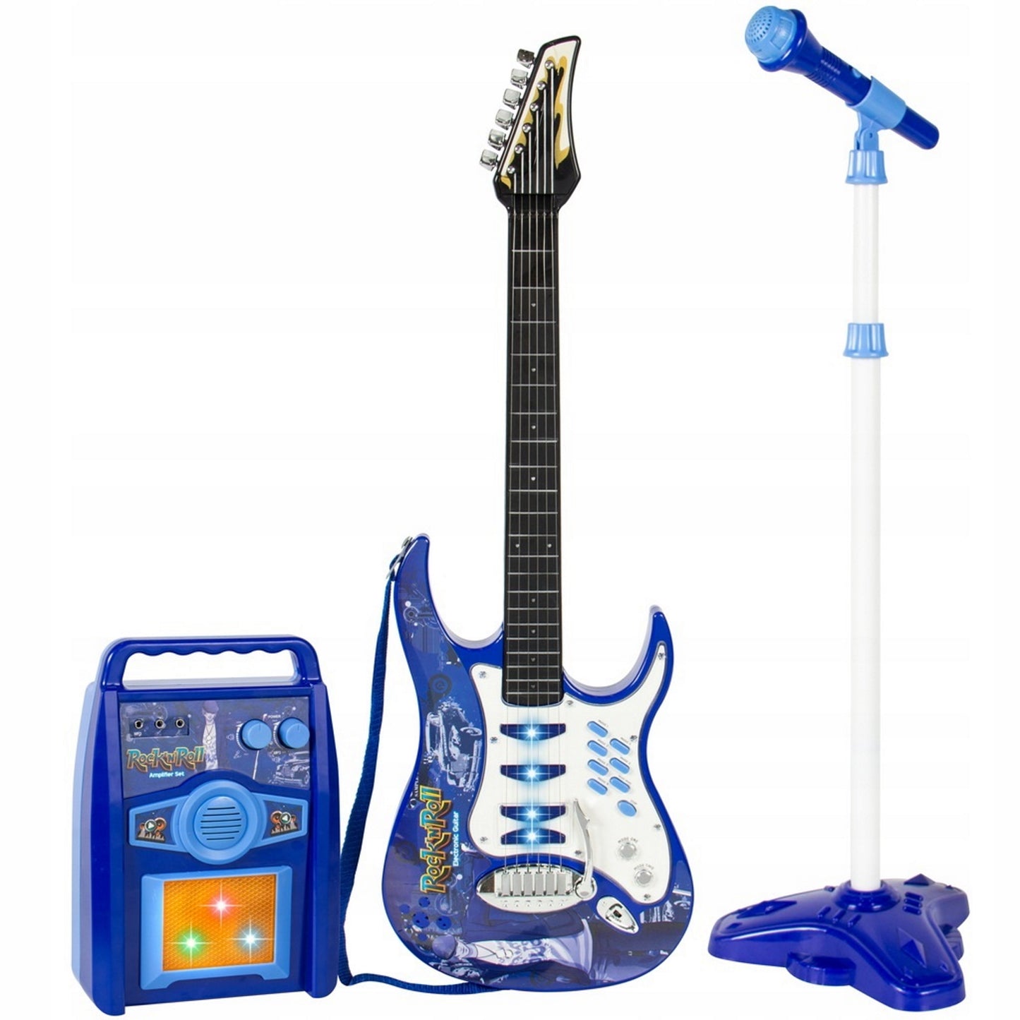 Chitara cu Amplificator si Microfon IdealSTORE ROCK PARTY BLUE Echipata cu 6 corzi metalice, Control volum, Sustine propriul concert insotit de lumini intermitente, Ofera distractie si amuzament
