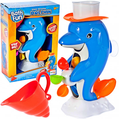 Jucarie baie cu roata rotativa DOLPHIN, Dimensiuni 29 x 13 x 10 cm, Include palarie, roata cu 6 tambururi colorate, Ventuza pentru prinderea in perete sau in cada, Culoare albastru