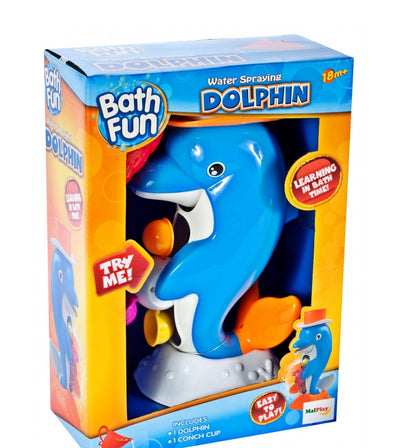 Jucarie baie cu roata rotativa DOLPHIN, Dimensiuni 29 x 13 x 10 cm, Include palarie, roata cu 6 tambururi colorate, Ventuza pentru prinderea in perete sau in cada, Culoare albastru