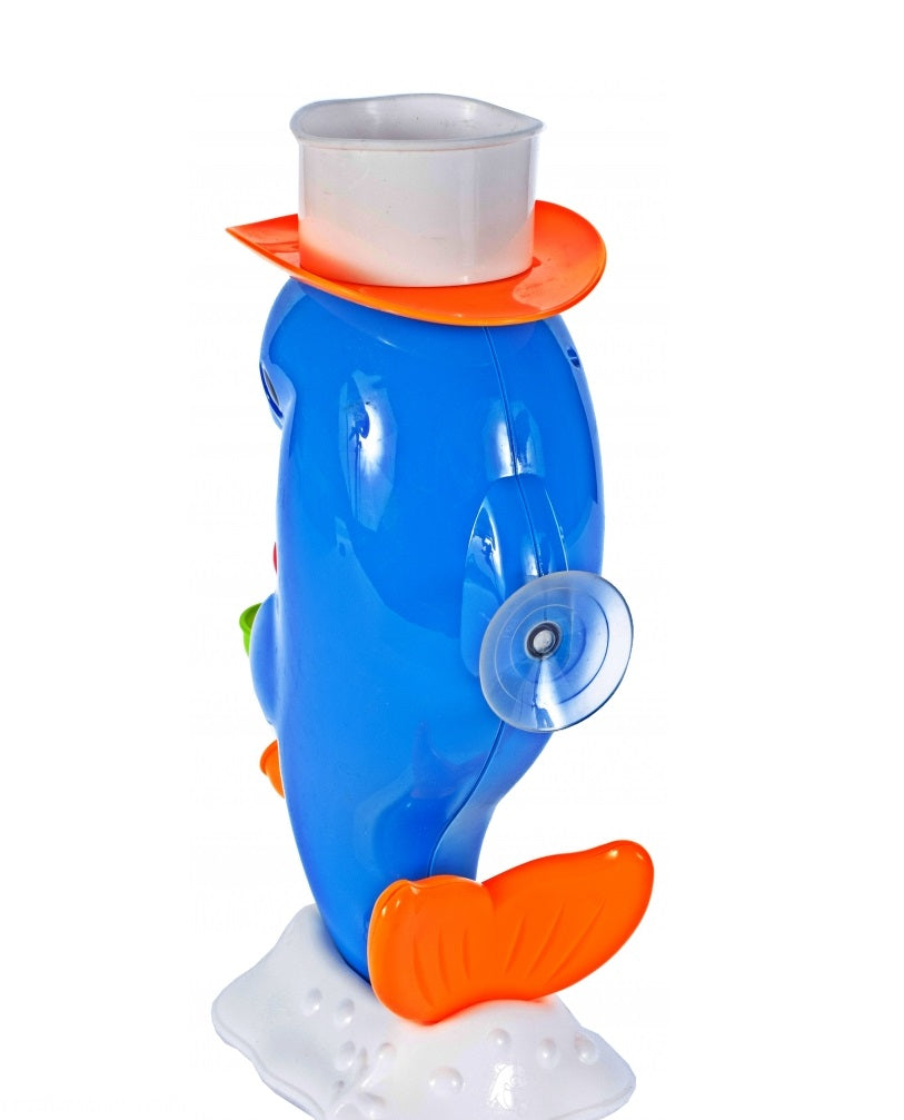 Jucarie baie cu roata rotativa DOLPHIN, Dimensiuni 29 x 13 x 10 cm, Include palarie, roata cu 6 tambururi colorate, Ventuza pentru prinderea in perete sau in cada, Culoare albastru