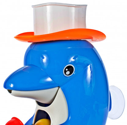 Jucarie baie cu roata rotativa DOLPHIN, Dimensiuni 29 x 13 x 10 cm, Include palarie, roata cu 6 tambururi colorate, Ventuza pentru prinderea in perete sau in cada, Culoare albastru