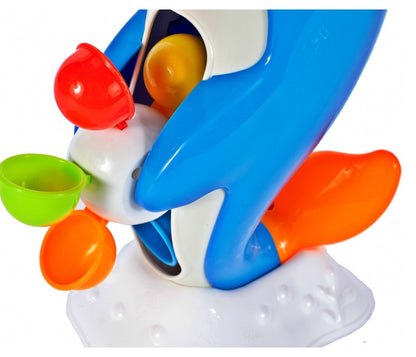 Jucarie baie cu roata rotativa DOLPHIN, Dimensiuni 29 x 13 x 10 cm, Include palarie, roata cu 6 tambururi colorate, Ventuza pentru prinderea in perete sau in cada, Culoare albastru