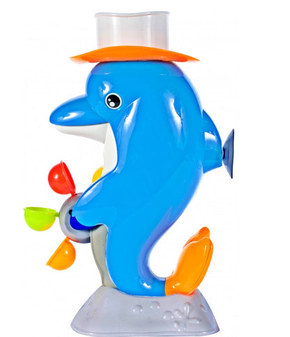 Jucarie baie cu roata rotativa DOLPHIN, Dimensiuni 29 x 13 x 10 cm, Include palarie, roata cu 6 tambururi colorate, Ventuza pentru prinderea in perete sau in cada, Culoare albastru