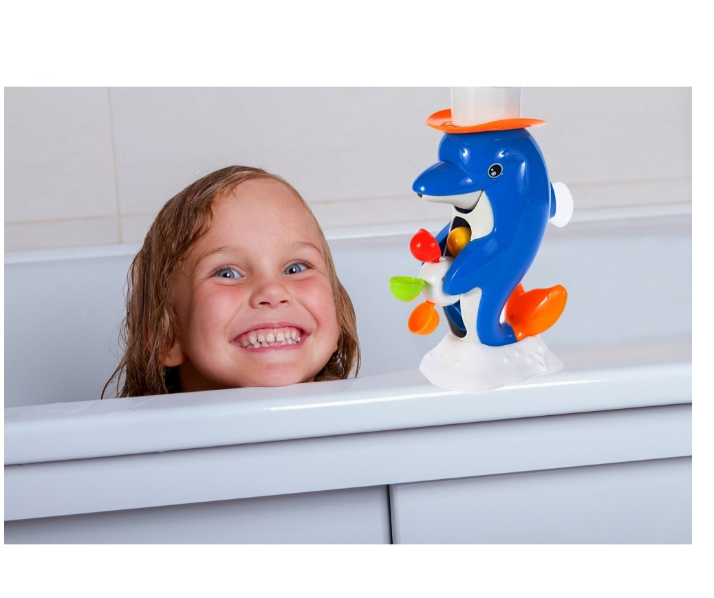 Jucarie baie cu roata rotativa DOLPHIN, Dimensiuni 29 x 13 x 10 cm, Include palarie, roata cu 6 tambururi colorate, Ventuza pentru prinderea in perete sau in cada, Culoare albastru