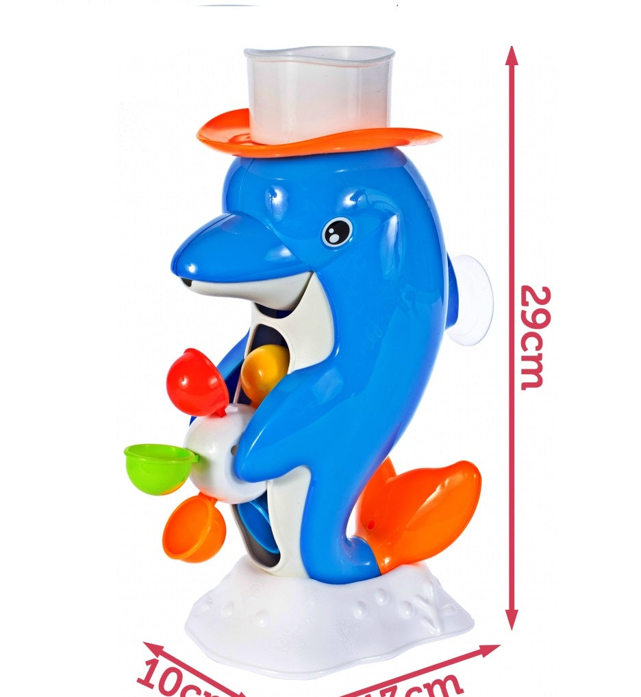 Jucarie baie cu roata rotativa DOLPHIN, Dimensiuni 29 x 13 x 10 cm, Include palarie, roata cu 6 tambururi colorate, Ventuza pentru prinderea in perete sau in cada, Culoare albastru
