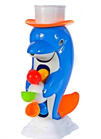 Jucarie baie cu roata rotativa DOLPHIN, Dimensiuni 29 x 13 x 10 cm, Include palarie, roata cu 6 tambururi colorate, Ventuza pentru prinderea in perete sau in cada, Culoare albastru