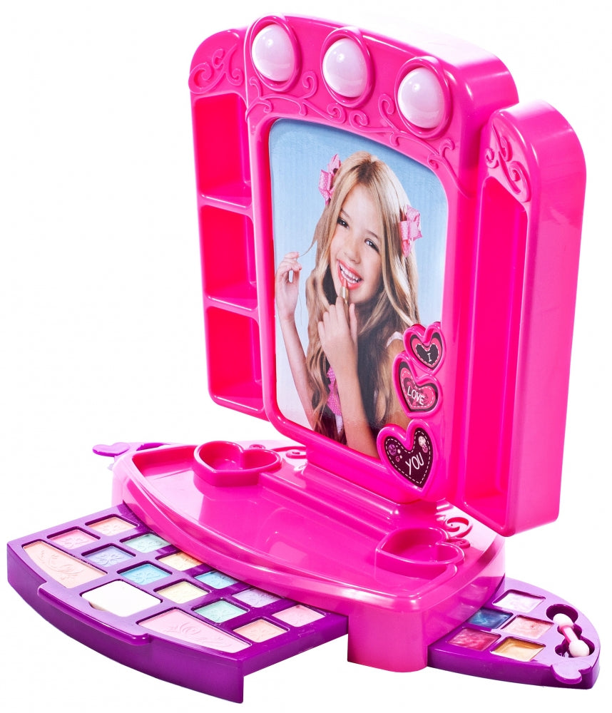 Set Make up Chic pentru fete idealSTORE, Glamour Strawberry, Dimensiuni 24.5 x 15.0 x 29.0 cm, Include o oglinda accesorizata cu lumini LED, Un set complet de produse cosmetice lavabile pentru a crea un aspect cool