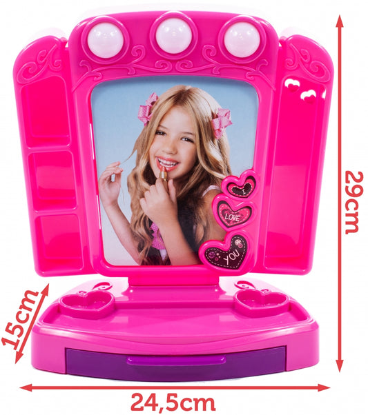 Set Make up Chic pentru fete idealSTORE, Glamour Strawberry, Dimensiuni 24.5 x 15.0 x 29.0 cm, Include o oglinda accesorizata cu lumini LED, Un set complet de produse cosmetice lavabile pentru a crea un aspect cool