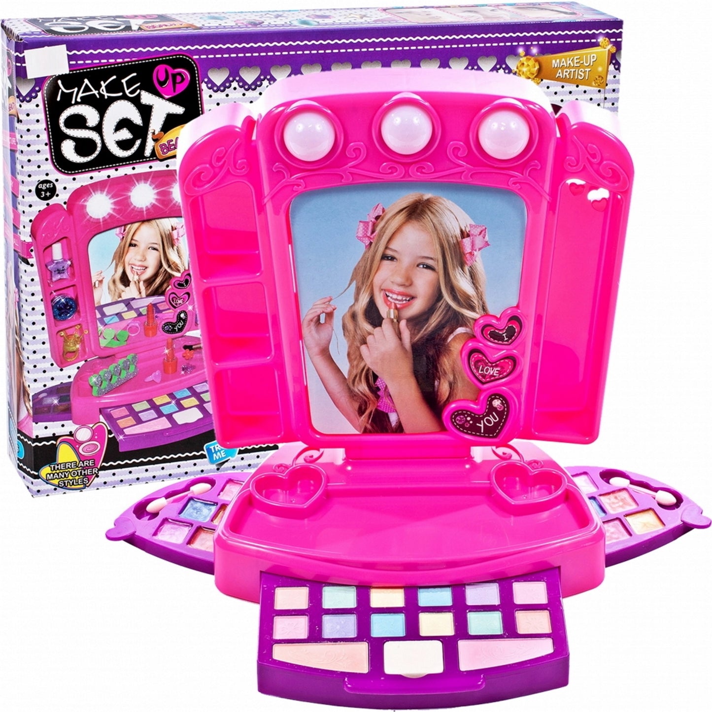 Set Make up Chic pentru fete idealSTORE, Glamour Strawberry, Dimensiuni 24.5 x 15.0 x 29.0 cm, Include o oglinda accesorizata cu lumini LED, Un set complet de produse cosmetice lavabile pentru a crea un aspect cool