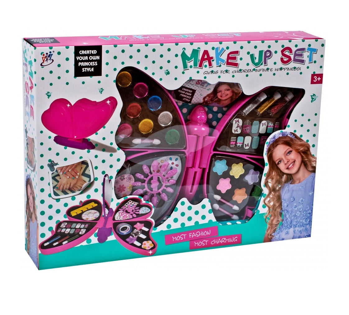 Set Make up Glamour 4 in 1 pentru fete idealSTORE, Butterfly Wings, Dimensiuni 34 x 27 x 16 cm, Kitul include toate elementele necesare pentru a asigura un aspect perfect, Multitudine de accesorii ce vor stimula creativitatea si imaginatia orcarei fete