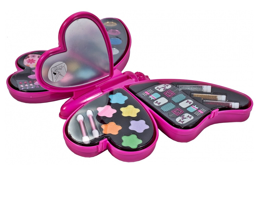 Set Make up Glamour 4 in 1 pentru fete idealSTORE, Butterfly Wings, Dimensiuni 34 x 27 x 16 cm, Kitul include toate elementele necesare pentru a asigura un aspect perfect, Multitudine de accesorii ce vor stimula creativitatea si imaginatia orcarei fete