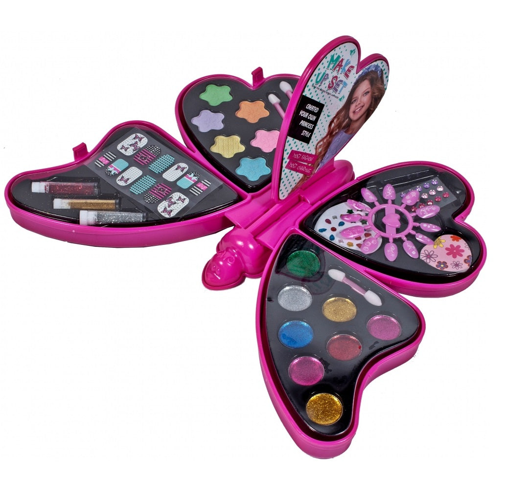 Set Make up Glamour 4 in 1 pentru fete idealSTORE, Butterfly Wings, Dimensiuni 34 x 27 x 16 cm, Kitul include toate elementele necesare pentru a asigura un aspect perfect, Multitudine de accesorii ce vor stimula creativitatea si imaginatia orcarei fete