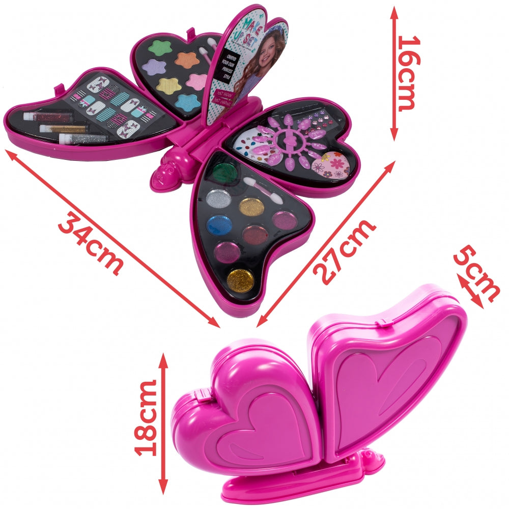 Set Make up Glamour 4 in 1 pentru fete idealSTORE, Butterfly Wings, Dimensiuni 34 x 27 x 16 cm, Kitul include toate elementele necesare pentru a asigura un aspect perfect, Multitudine de accesorii ce vor stimula creativitatea si imaginatia orcarei fete