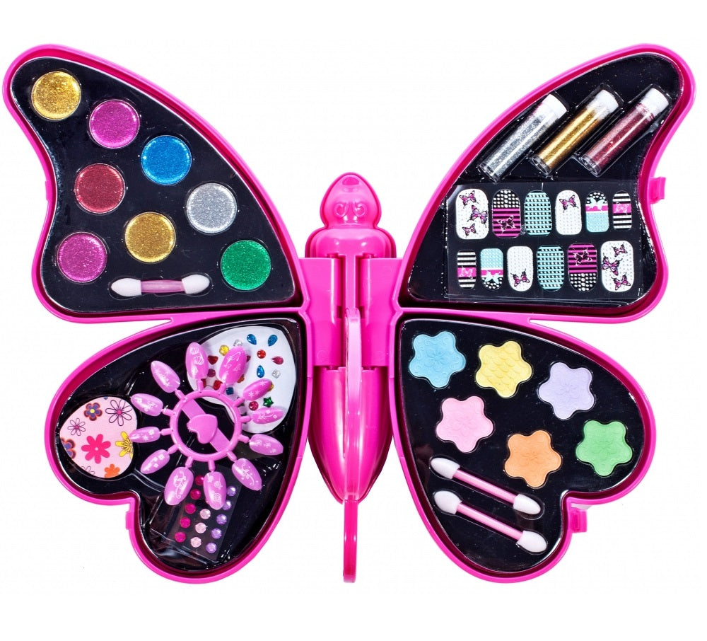 Set Make up Glamour 4 in 1 pentru fete idealSTORE, Butterfly Wings, Dimensiuni 34 x 27 x 16 cm, Kitul include toate elementele necesare pentru a asigura un aspect perfect, Multitudine de accesorii ce vor stimula creativitatea si imaginatia orcarei fete