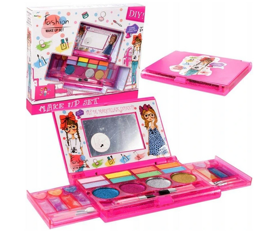 Set Make-Up idealSTORE BEAUTIFUL PRINCESS, Accesorizata cu oglinda O varietate de farduri, machiaje si luciu de buze, Pensule pentru aplicarea machiajului, Doua sertare