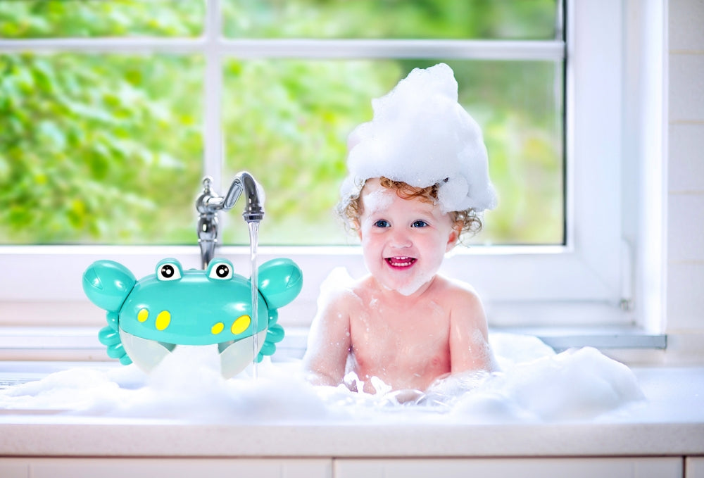 Jucarie de baie Bubble Krab Blue ideaSTORE, Efecte sonore, Dimensiuni 24 x 8 x 15 cm, Include ventuza pentru prindere si recipient pentru depozitarea lichidului, Asigura o baie distractiva si linistita