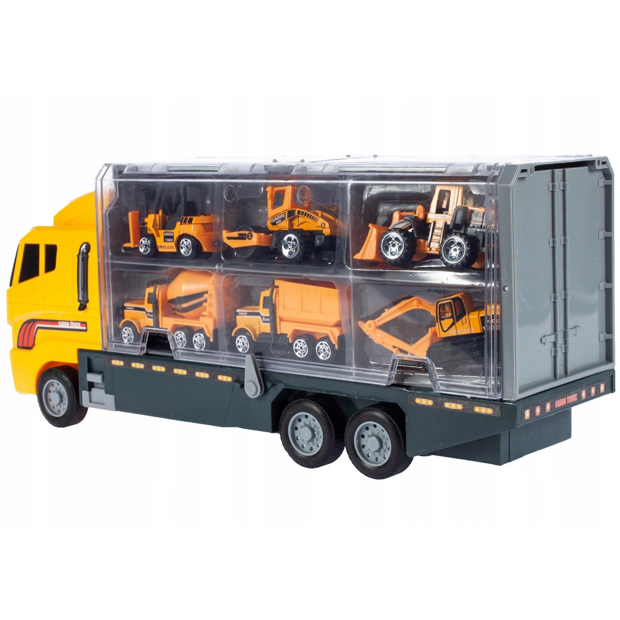 Camion Interactiv cu Remorca idealSTORE, YELOW BIG TRUCK, Dimensiuni 35 x 9.5 x 15.5 cm, Accesorizat cu 6 vehicule de constructie ce ofera ore de distactie si amuzament
