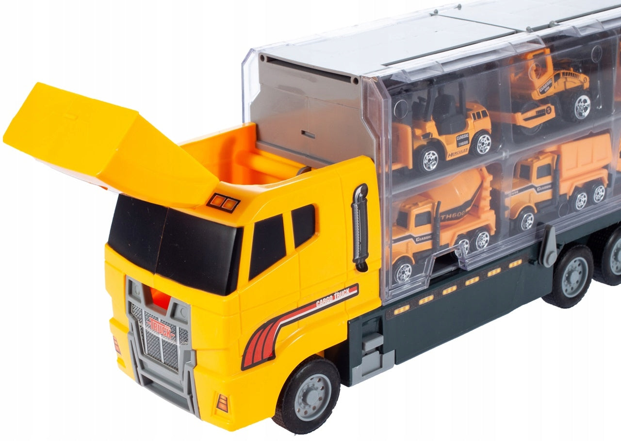 Camion Interactiv cu Remorca idealSTORE, YELOW BIG TRUCK, Dimensiuni 35 x 9.5 x 15.5 cm, Accesorizat cu 6 vehicule de constructie ce ofera ore de distactie si amuzament
