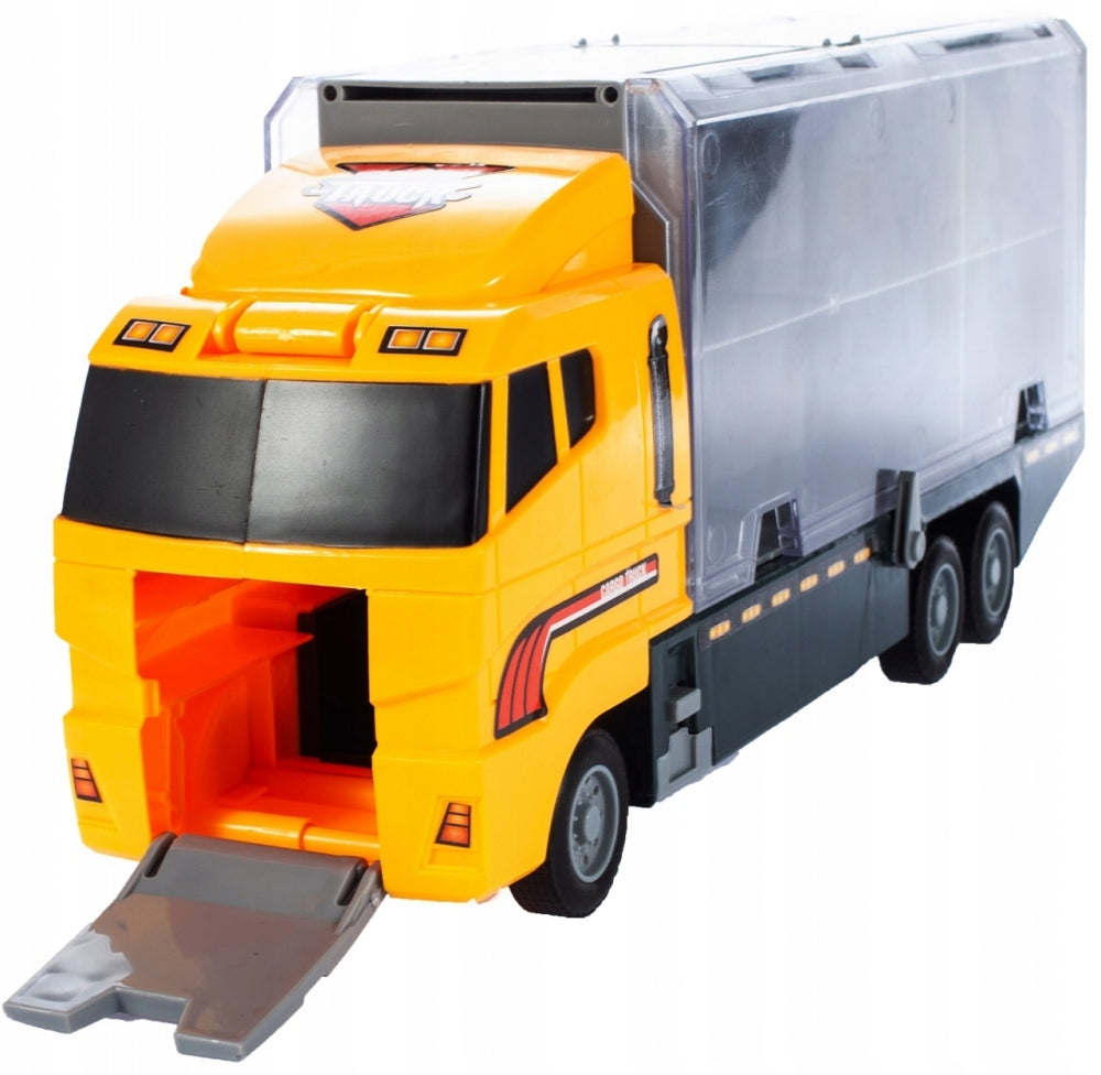 Camion Interactiv cu Remorca idealSTORE, YELOW BIG TRUCK, Dimensiuni 35 x 9.5 x 15.5 cm, Accesorizat cu 6 vehicule de constructie ce ofera ore de distactie si amuzament
