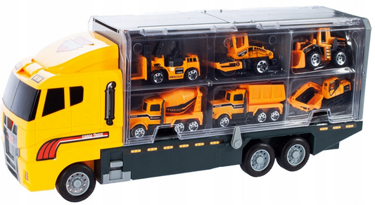 Camion Interactiv cu Remorca idealSTORE, YELOW BIG TRUCK, Dimensiuni 35 x 9.5 x 15.5 cm, Accesorizat cu 6 vehicule de constructie ce ofera ore de distactie si amuzament