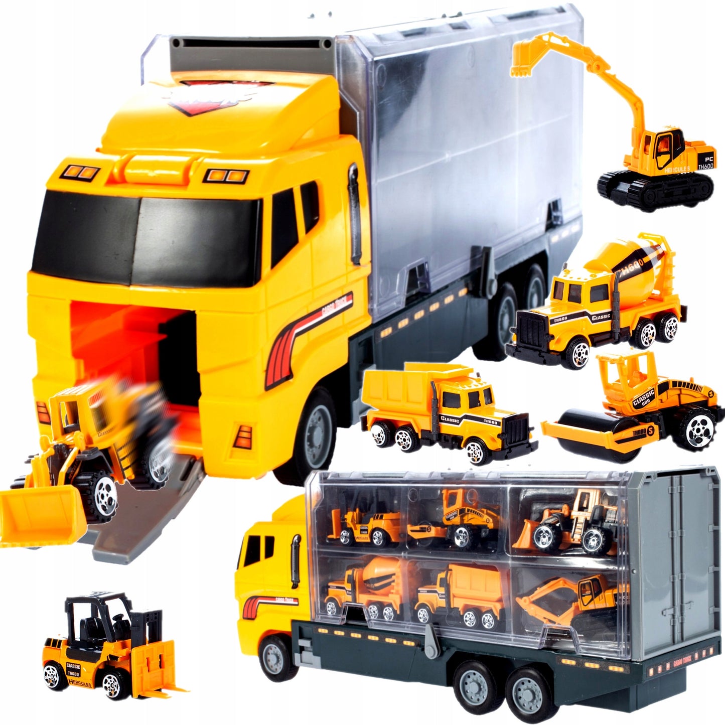Camion Interactiv cu Remorca idealSTORE, YELOW BIG TRUCK, Dimensiuni 35 x 9.5 x 15.5 cm, Accesorizat cu 6 vehicule de constructie ce ofera ore de distactie si amuzament