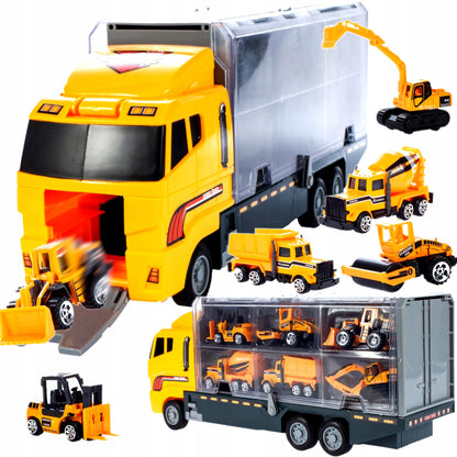 Camion Interactiv cu Remorca idealSTORE, YELOW BIG TRUCK, Dimensiuni 35 x 9.5 x 15.5 cm, Accesorizat cu 6 vehicule de constructie ce ofera ore de distactie si amuzament