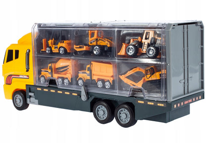 Camion Interactiv cu Remorca idealSTORE, YELOW BIG TRUCK, Dimensiuni 35 x 9.5 x 15.5 cm, Accesorizat cu 6 vehicule de constructie ce ofera ore de distactie si amuzament