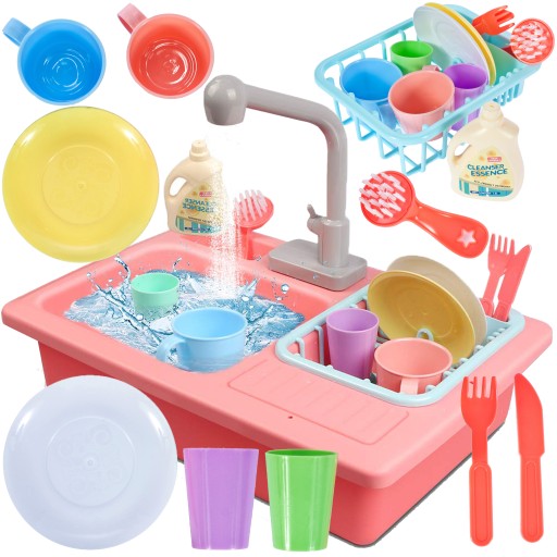 Chiuveta idealStore Super Wash, cu vesela,10 Accesorii, Farfurii, Cani, Pahare, Tacamuri, Detergent de Vase, Roz