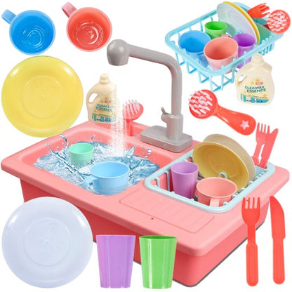 Chiuveta idealStore Super Wash, cu vesela,10 Accesorii, Farfurii, Cani, Pahare, Tacamuri, Detergent de Vase, Roz