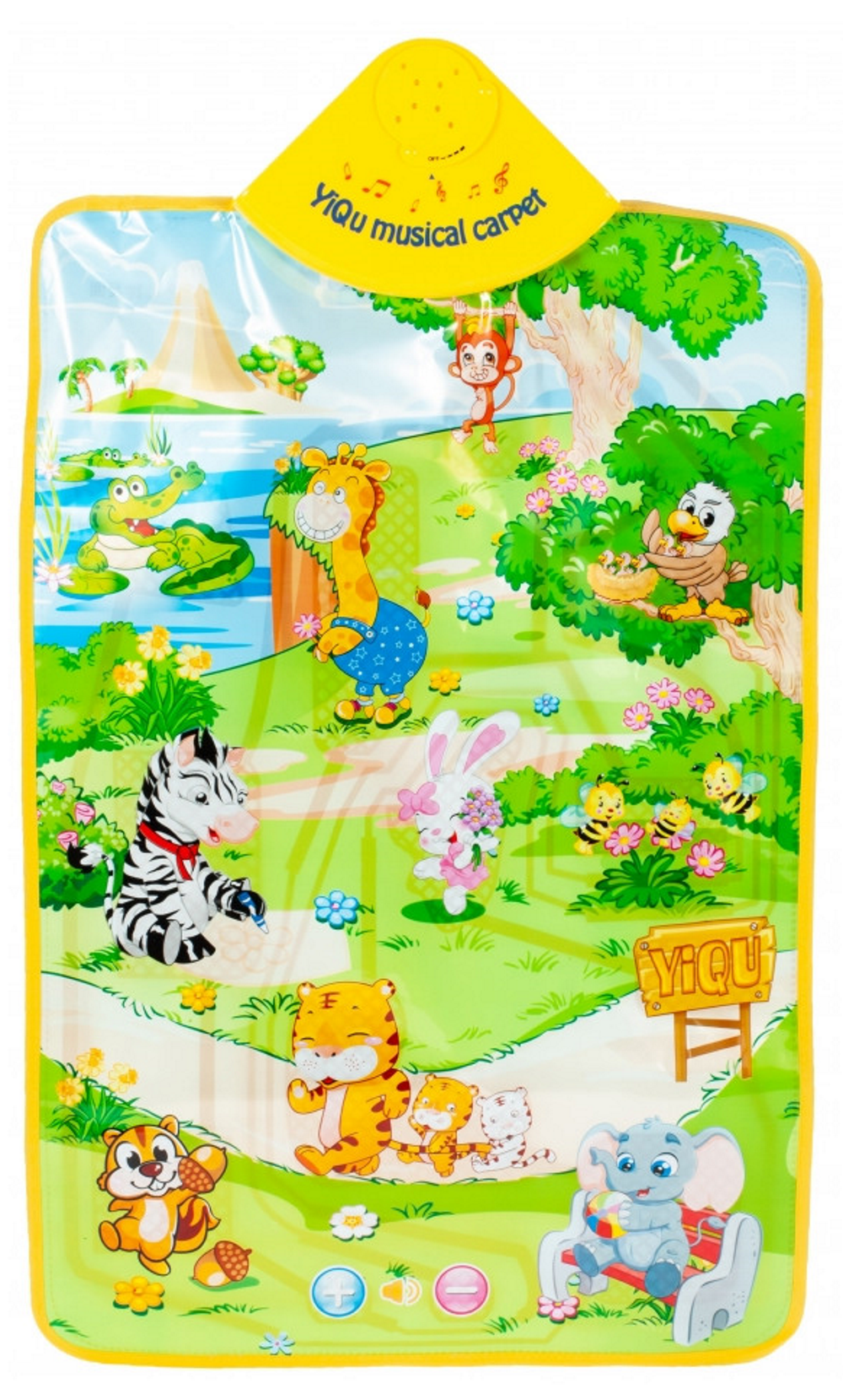 Covoras Muzical Interactiv idealStore Junior Jungle, Dimensiuni 67 x 40 cm, Echipat cu 13 sunete de animale si Melodii Fericite al caror volum poate fi ajustat, Accesorizat cu un maner special pentru a putea fi montat usor pe perete, Multicolor