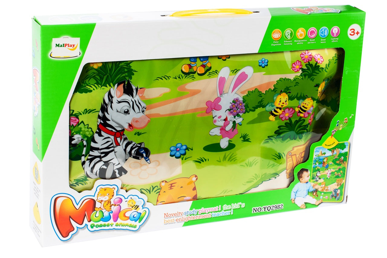 Covoras Muzical Interactiv idealStore Junior Jungle, Dimensiuni 67 x 40 cm, Echipat cu 13 sunete de animale si Melodii Fericite al caror volum poate fi ajustat, Accesorizat cu un maner special pentru a putea fi montat usor pe perete, Multicolor