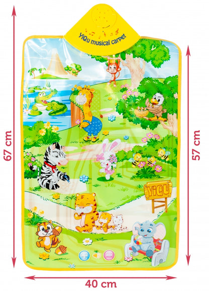 Covoras Muzical Interactiv idealStore Junior Jungle, Dimensiuni 67 x 40 cm, Echipat cu 13 sunete de animale si Melodii Fericite al caror volum poate fi ajustat, Accesorizat cu un maner special pentru a putea fi montat usor pe perete, Multicolor