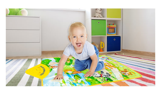 Covoras Muzical Interactiv idealStore Junior Jungle, Dimensiuni 67 x 40 cm, Echipat cu 13 sunete de animale si Melodii Fericite al caror volum poate fi ajustat, Accesorizat cu un maner special pentru a putea fi montat usor pe perete, Multicolor