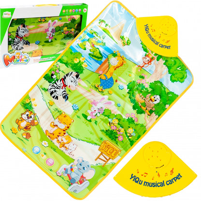 Covoras Muzical Interactiv idealStore Junior Jungle, Dimensiuni 67 x 40 cm, Echipat cu 13 sunete de animale si Melodii Fericite al caror volum poate fi ajustat, Accesorizat cu un maner special pentru a putea fi montat usor pe perete, Multicolor