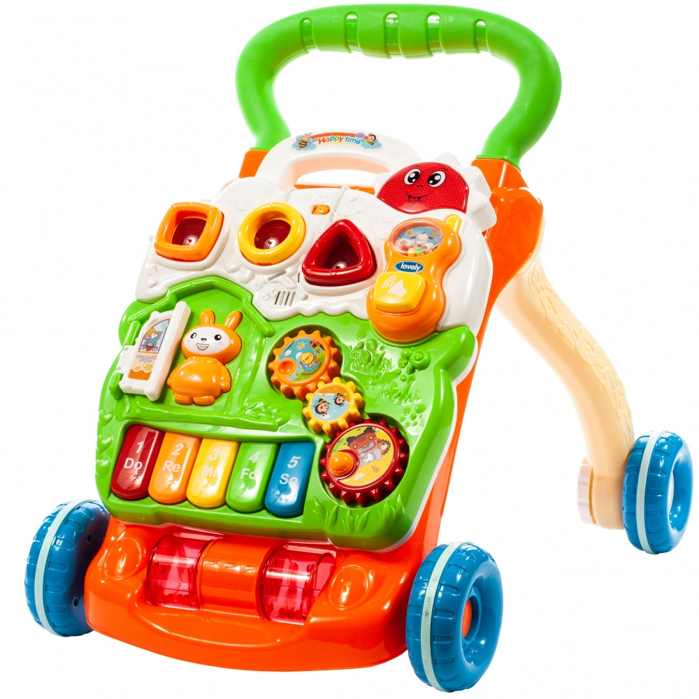 Premergator Interactiv BAMBI KIDS WALKER 2019, Echipat cu Panou Educativ detasabil, Activitati in limba engleza, Sunete si lumini, Sprijina dezvoltarea lingvistica si motorie a unui bebelus, Este un bun ajutor in invatarea mersului independent, Portocaliu