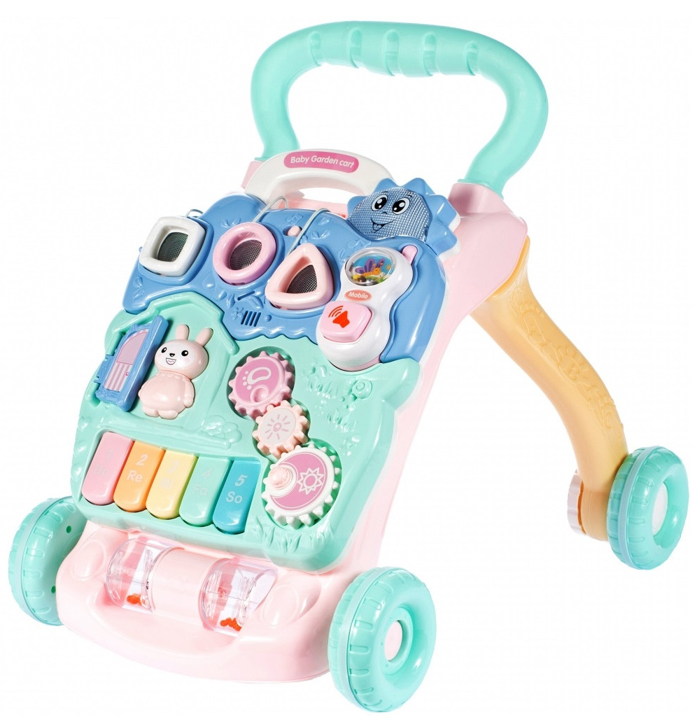 Premergator Interactiv BAMBI KIDS WALKER 2019, Echipat cu Panou Educativ detasabil, Activitati in limba engleza, Sunete si lumini, Sprijina dezvoltarea lingvistica si motorie a unui bebelus, Turcoaz