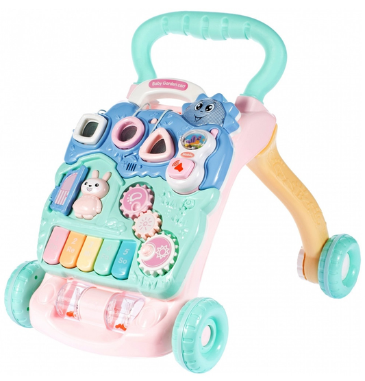 Premergator Interactiv BAMBI KIDS WALKER 2019, Echipat cu Panou Educativ detasabil, Activitati in limba engleza, Sunete si lumini, Sprijina dezvoltarea lingvistica si motorie a unui bebelus, Turcoaz