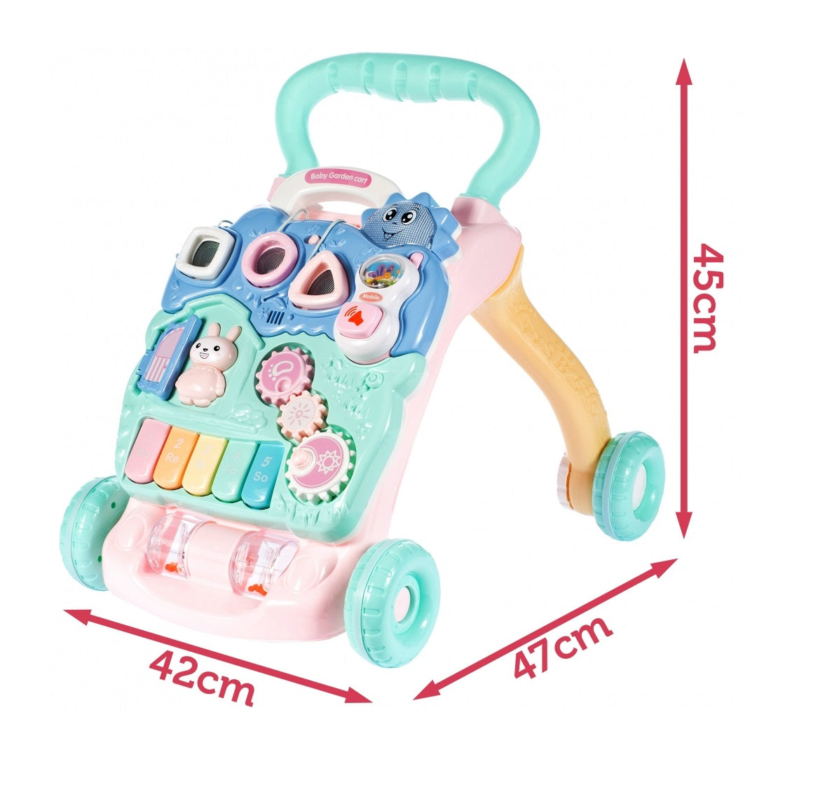 Premergator Interactiv BAMBI KIDS WALKER 2019, Echipat cu Panou Educativ detasabil, Activitati in limba engleza, Sunete si lumini, Sprijina dezvoltarea lingvistica si motorie a unui bebelus, Turcoaz