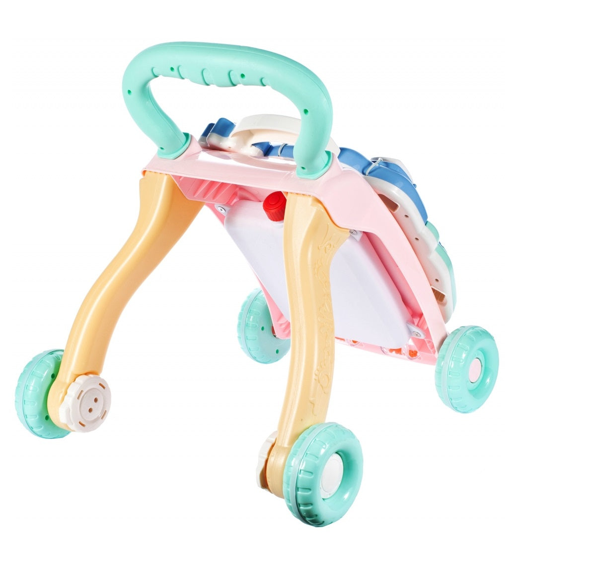 Premergator Interactiv BAMBI KIDS WALKER 2019, Echipat cu Panou Educativ detasabil, Activitati in limba engleza, Sunete si lumini, Sprijina dezvoltarea lingvistica si motorie a unui bebelus, Turcoaz