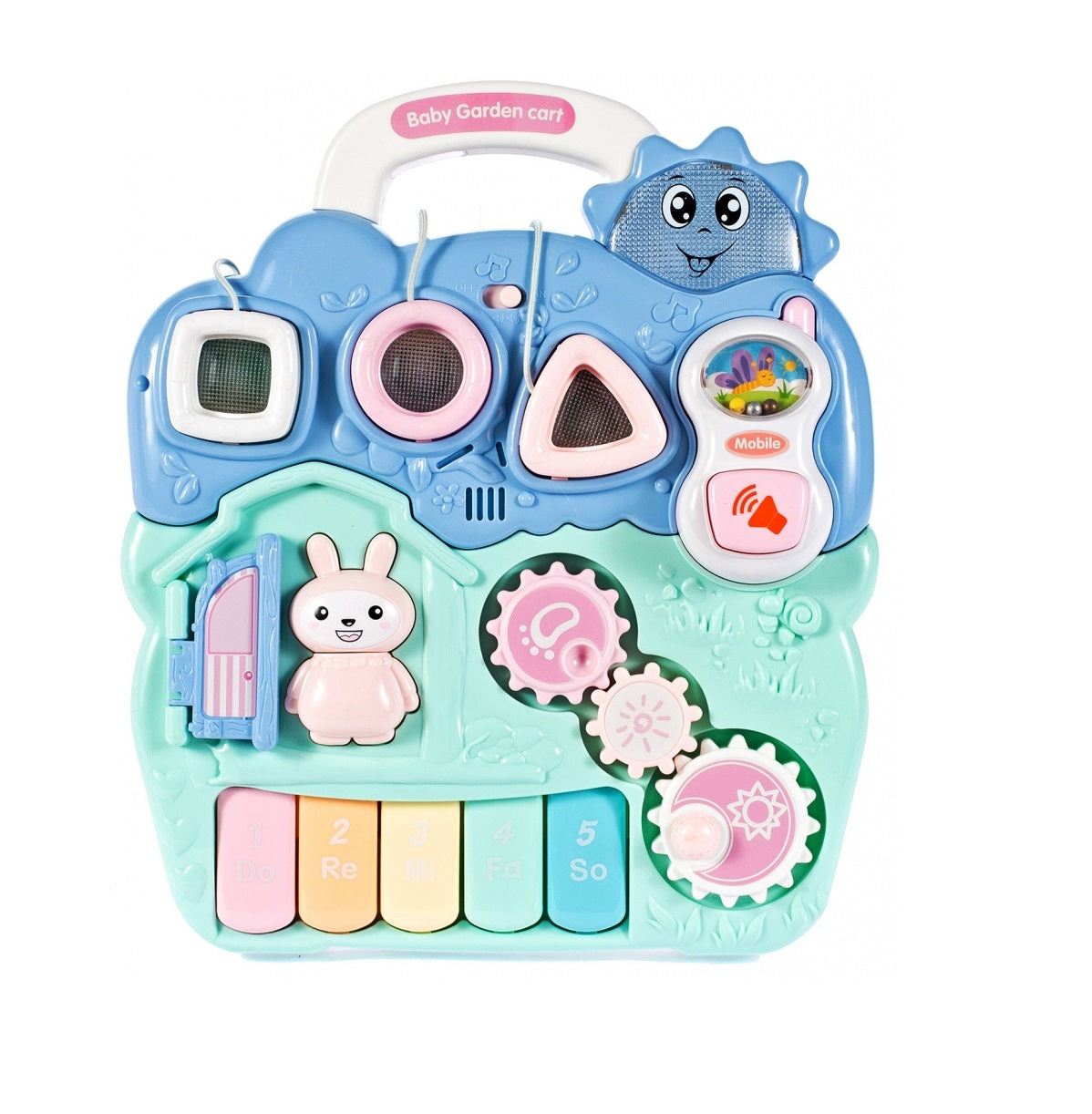 Premergator Interactiv BAMBI KIDS WALKER 2019, Echipat cu Panou Educativ detasabil, Activitati in limba engleza, Sunete si lumini, Sprijina dezvoltarea lingvistica si motorie a unui bebelus, Turcoaz