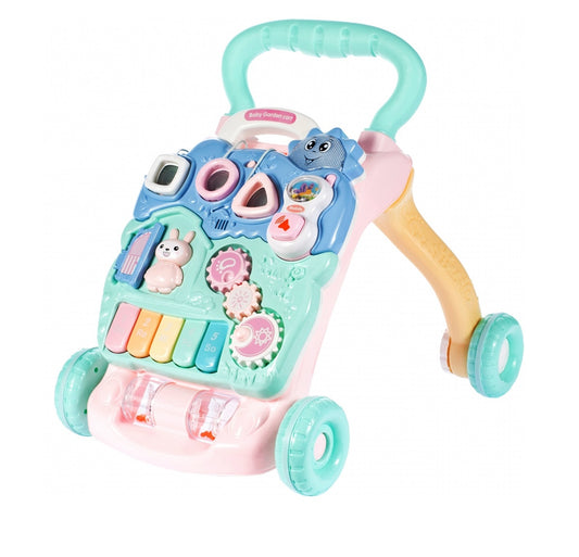 Premergator Interactiv BAMBI KIDS WALKER 2019, Echipat cu Panou Educativ detasabil, Activitati in limba engleza, Sunete si lumini, Sprijina dezvoltarea lingvistica si motorie a unui bebelus, Turcoaz