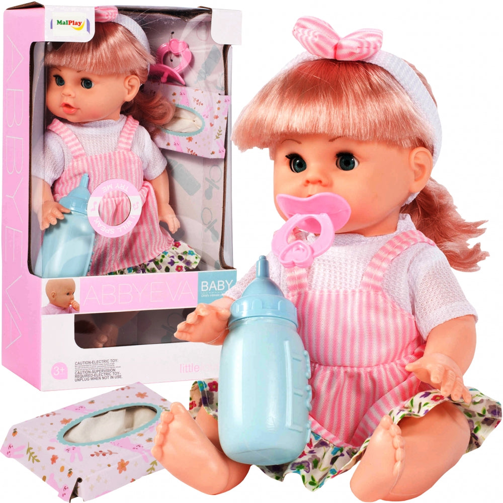 Papusa interactiva cu sunete idealSTORE Minie Doll, Dimensiuni 35 x 15 cm, Include suzeta si biberon, Trezeste sentimentele copiilor si dorinta de a ingriji