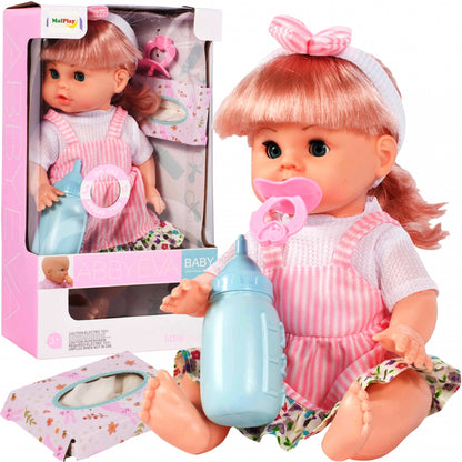 Papusa interactiva cu sunete idealSTORE Minie Doll, Dimensiuni 35 x 15 cm, Include suzeta si biberon, Trezeste sentimentele copiilor si dorinta de a ingriji