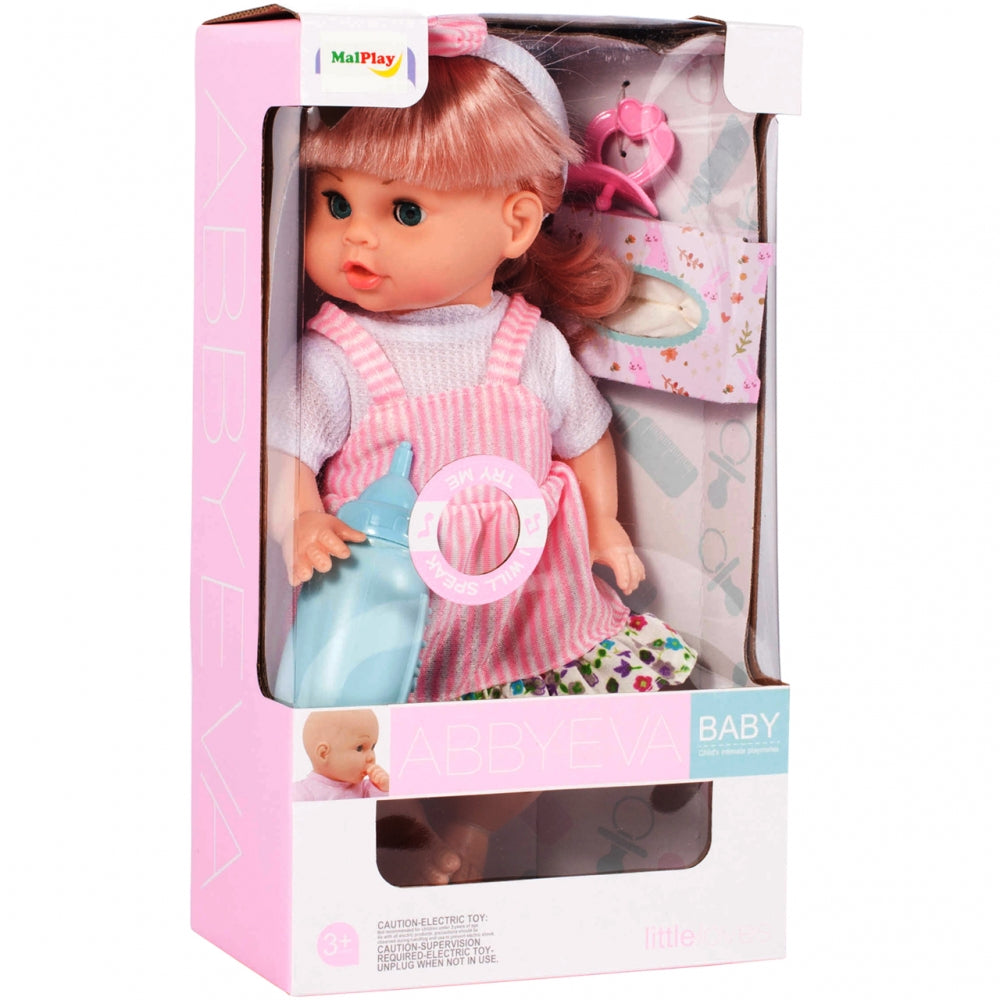 Papusa interactiva cu sunete idealSTORE Minie Doll, Dimensiuni 35 x 15 cm, Include suzeta si biberon, Trezeste sentimentele copiilor si dorinta de a ingriji